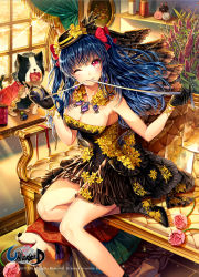 Rule 34 | 1girl, ;), artist name, bad id, bad pixiv id, bare arms, bare legs, bare shoulders, black dress, black footwear, black gloves, blue hair, blush, bow, breasts, cleavage, couch, curtains, dog, drawing (object), dress, ells, female focus, flower, frilled dress, frills, gloves, hair bow, hair ribbon, hat, headdress, high heels, indoors, jewelry, large breasts, logo, long hair, looking at viewer, mouth hold, necklace, one eye closed, original, pendant, pink flower, pink rose, plant, red eyes, ribbon, rose, shelf, shoes, sitting, smile, solo, spool, strapless, strapless dress, tape measure, thighs, unleashed, watermark, window