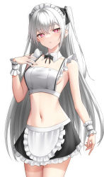 Rule 34 | 1girl, apron, black bow, black bowtie, blush, bow, bowtie, braid, frilled apron, frills, grey hair, highres, long hair, looking at viewer, maid headdress, naga (pixiv70891418), navel, original, red eyes, simple background, solo, standing, white background, wrist cuffs