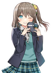 Rule 34 | 1girl, black jacket, black ribbon, blazer, blue eyes, blue skirt, blush, box, brown hair, collared shirt, commentary request, dress shirt, flower, gift, gift box, grin, hair between eyes, hair flower, hair ornament, hands up, heart-shaped box, highres, holding, holding gift, jacket, kurata rine, lapels, long hair, long sleeves, looking at viewer, neck ribbon, notched lapels, one side up, open clothes, open jacket, original, plaid, plaid skirt, pleated skirt, polka dot, ribbon, school uniform, shirt, simple background, skirt, smile, solo, sweater vest, white background, white flower, white shirt, yellow flower