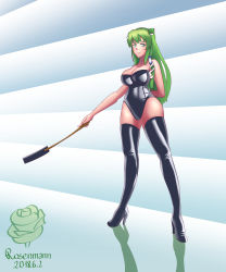 Rule 34 | 1girl, 2018, absurdres, alternate costume, arm behind back, artist name, bare arms, bare legs, black footwear, black leotard, black thighhighs, blue background, boots, breasts, cleavage, closed mouth, dated, dominatrix, female focus, frog hair ornament, full body, gradient background, green eyes, green hair, hair ornament, high heel boots, high heels, highres, kochiya sanae, large breasts, legs apart, leotard, long hair, looking at viewer, rosenmann, smile, standing, strapless, strapless leotard, thigh boots, thighhighs, thighs, touhou, v-shaped eyebrows, white background, wide hips