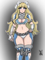 Rule 34 | 1girl, armor, bikini, blonde hair, blue eyes, bow, breasts, charlotte (fire emblem), cleavage cutout, clothing cutout, fire emblem, fire emblem fates, grey background, hand on own hip, highres, large breasts, long hair, nintendo, paddy g (terrybrogard), shoulder armor, solo, swimsuit, very long hair, white bow, wide hips