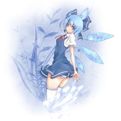 Rule 34 | 1girl, bad id, bad pixiv id, blue dress, blue eyes, blue hair, blue skirt, bow, cirno, dress, hair bow, highres, ice, looking at viewer, looking back, maru-pen, matching hair/eyes, panties, puffy sleeves, shirt, short hair, short sleeves, skirt, solo, striped clothes, striped panties, thighhighs, touhou, underwear, white thighhighs, wings