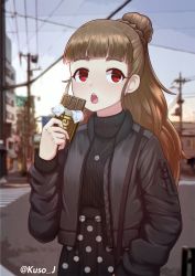 Rule 34 | 1girl, artist name, black skirt, breasts, brown hair, candy, character request, chocolate, chocolate bar, coat, day, eyebrows, food, hand in pocket, highres, holding, holding food, idolmaster, idolmaster cinderella girls, jacy, jewelry, looking at viewer, medium breasts, meiji (brand), necklace, open mouth, outdoors, polka dot, polka dot skirt, red eyes, skirt, solo, sweater, twitter username