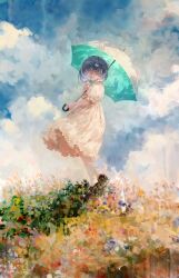 Rule 34 | 1girl, absurdres, black hair, blue sky, closed eyes, cloud, commentary, dress, faux traditional media, flower, from side, hair ornament, highres, holding, holding umbrella, open mouth, original, puffy short sleeves, puffy sleeves, shiratsuyu mone, short hair, short sleeves, sky, smile, solo, symbol-only commentary, umbrella, white dress