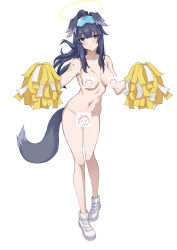 Rule 34 | 1girl, absurdres, animal ears, doodle sensei (blue archive), bare shoulders, black hair, blue archive, blue eyes, blush, breasts, censored, dog ears, dog girl, dog tail, full body, goggles, goggles on head, halo, hibiki (blue archive), hibiki (cheer squad) (blue archive), highres, holding, holding pom poms, long hair, looking at viewer, millennium cheerleader outfit (blue archive), navel, nude, official alternate costume, pom pom (cheerleading), pom poms, sensei (blue archive), small breasts, solo, standing, tail, whitek
