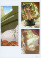 Rule 34 | 2girls, absurdres, animal ears, armpits, arms up, barefoot, bed, bed sheet, black pants, blush, breasts, brown eyes, brown hair, canopy bed, closed mouth, collarbone, convenient censoring, hair over breasts, highres, holo, kneeling, koume keito, long hair, multiple girls, nude, official art, open pants, page number, pants, scan, see-through, sitting, small breasts, smile, spice and wolf, tail, undressing, very long hair, wolf ears, wolf tail