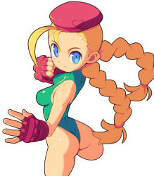 Rule 34 | 1girl, ass, beret, blonde hair, blue eyes, braid, breasts, cammy white, chibi, closed mouth, curvy, fingerless gloves, gloves, green leotard, hat, highleg, highleg leotard, leotard, long hair, looking at viewer, medium breasts, metata, red gloves, red hat, shiny skin, simple background, solo, street fighter, twin braids, white background