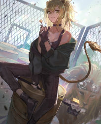 Rule 34 | 1girl, aito, animal, animal ears, arknights, bare shoulders, black footwear, black gloves, black jacket, black pants, black tank top, boots, brown eyes, brown hair, candy, chain-link fence, commentary, fence, fingerless gloves, food, gloves, grin, hair between eyes, hammer, hand up, highres, holding, holding food, jacket, lion, lion ears, lollipop, long hair, long sleeves, looking at viewer, off shoulder, official alternate costume, outdoors, pants, parted lips, siege (arknights), siege (legacy) (arknights), sitting, smile, tank top, weapon