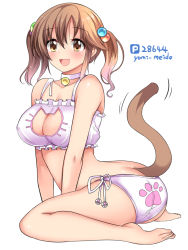 Rule 34 | 10s, 1girl, :d, ass, bare shoulders, barefoot, bell, blush, bra, breasts, brown eyes, brown hair, cat cutout, cat lingerie, cat tail, cleavage, cleavage cutout, clothing cutout, hair bobbles, hair ornament, idolmaster, idolmaster cinderella girls, jingle bell, large breasts, long hair, looking at viewer, meido yomi, meme attire, navel, open mouth, panties, side-tie panties, sitting, smile, solo, tail, totoki airi, twintails, twitter username, underwear, underwear only, wariza