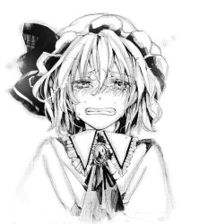Rule 34 | 1girl, bad id, bad pixiv id, crying, crying with eyes open, female focus, greyscale, grimace, hat, monochrome, portrait, remilia scarlet, short hair, solo, tears, touhou, zatoukujira