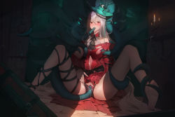 Rule 34 | 1girl, absurdres, aqua hat, arknights, ascot, baijinjifeng, bare legs, bare shoulders, barefoot, black ascot, black ribbon, blush, breast sucking, breasts, candle, clothes lift, clothing cutout, detached sleeves, dress, dress lift, grey hair, hat, highres, large breasts, leg ribbon, long hair, long sleeves, monster, navel, navel cutout, nipples, on floor, oral, panties, red dress, red eyes, ribbon, short dress, sitting, skadi (arknights), skadi the corrupting heart (arknights), soles, solo, spread legs, stomach tattoo, stone floor, tattoo, tentacle sex, tentacles, torn clothes, torn dress, torn panties, underwear, vaginal, very long hair