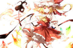 Rule 34 | 1girl, ascot, bad id, bad pixiv id, blonde hair, bloomers, embodiment of scarlet devil, female focus, fire, flandre scarlet, grin, hat, hat ribbon, hisona (suaritesumi), holding, lace, lace-trimmed skirt, lace trim, laevatein, looking at viewer, red eyes, ribbon, short hair, short sleeves, side ponytail, simple background, skirt, skirt set, smile, solo, standing, touhou, underwear, white background, wings, wrist cuffs