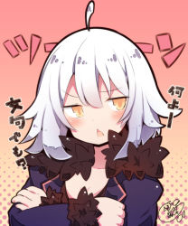 Rule 34 | 1girl, :&lt;, ahoge, beni shake, black dress, blush, brown background, collarbone, commentary request, crossed arms, dress, fang, fate/grand order, fate (series), fur-trimmed jacket, fur-trimmed sleeves, fur trim, gradient background, hair between eyes, jacket, jeanne d&#039;arc (fate), jeanne d&#039;arc alter (fate), jeanne d&#039;arc alter (ver. shinjuku 1999) (fate), long sleeves, official alternate costume, parted lips, purple jacket, signature, silver hair, sleeves past wrists, solo, translation request, triangle mouth, upper body, wicked dragon witch ver. shinjuku 1999, yellow eyes