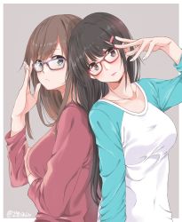 Rule 34 | 2girls, absurdres, adjusting eyewear, amu (258shin), aqua shirt, arm up, back-to-back, black hair, blouse, blush, border, breasts, brown hair, commentary request, fingernails, frown, glasses, grey background, hair ornament, hairclip, hand on own arm, hand up, head tilt, highres, long fingernails, long hair, looking at viewer, medium breasts, multiple girls, original, parted lips, purple-framed eyewear, red-framed eyewear, red shirt, shirt, simple background, twitter username, upper body, white shirt