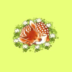 Rule 34 | animal, animal focus, brown fur, closed eyes, commentary, curled up, deer, english commentary, fawn, fleebites, flower, full body, green background, head down, leaf, lying, negative space, no humans, on ground, original, outdoors, plant, simple background, white flower