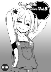 Rule 34 | 1girl, arms behind head, arms up, blush, breasts, cleavage, cover, cover page, greyscale, licking lips, looking at viewer, monochrome, naughty face, original, overalls, sky-freedom, small breasts, smile, solo, star (symbol), tongue, tongue out, twintails, ueno kyouko