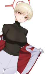 Rule 34 | 1girl, bad id, bad pixiv id, black shirt, blonde hair, blue archive, breasts, commentary, covered collarbone, cowboy shot, halo, highres, jacket, jason kim, large breasts, looking at viewer, marina (blue archive), open clothes, open jacket, pants, parted lips, red jacket, shirt, short hair, simple background, solo, sweat, turtleneck, white background, white pants, yellow eyes