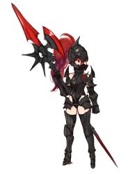Rule 34 | 1girl, absurdres, armor, armored boots, axe, black thighhighs, boots, covered face, gloves, helmet, highres, holding, holding axe, holding polearm, holding spear, holding weapon, long hair, original, polearm, ponytail, red eyes, red hair, simple background, solo, sookmo, spear, thighhighs, thighs, weapon, white background