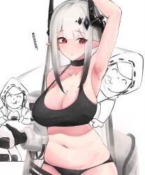 Rule 34 | 1boy, 1girl, ^ ^, afterimage, arknights, arm up, armpit onigiri, armpits, bare shoulders, black gloves, black horns, black sports bra, blue archive, blush, breasts, chinese commentary, chinese text, closed eyes, clothes down, collarbone, commentary request, cowboy shot, doctor (arknights), doodle sensei (blue archive), eating, food, gloves, grey hair, highres, holding, holding food, hood, hood up, horns, large breasts, long hair, long sleeves, looking at another, male doctor (arknights), midriff, mixed-language commentary, mudrock (arknights), mudrock (elite ii) (arknights), navel, onigiri, open clothes, partially colored, pointy ears, red eyes, ribbon-trimmed hood, ribbon trim, rice, rice on armpit, sensei (blue archive), sidelocks, simple background, smile, speed lines, sports bra, standing, sweat, tiansuo haoer, tongue, tongue out, translation request, white background