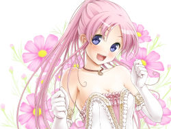 Rule 34 | 1girl, bare shoulders, blue eyes, breasts, cleavage, elbow gloves, endou hiroto, floral background, flower, frills, gloves, highres, jewelry, open mouth, original, pendant, pink hair, ponytail, seigetten lynette, small breasts, smile, solo, upper body