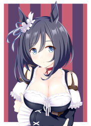 Rule 34 | 1girl, animal ears, apron, bare shoulders, black hair, black sleeves, blouse, blue eyes, bob cut, bodice, border, breasts, choker, cleavage, commentary request, crossed arms, detached sleeves, dirndl, ear ornament, ear scrunchie, eishin flash (umamusume), frilled apron, frilled sleeves, frills, from side, german clothes, gurukorian, hair between eyes, highres, horse ears, horse girl, large breasts, looking at viewer, outdoors, outside border, red choker, scrunchie, shirt, short hair, smile, solo, striped background, umamusume, upper body, white apron, white border, white scrunchie, white shirt