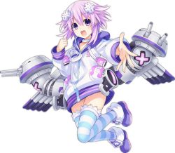 Rule 34 | 1girl, :d, azur lane, d-pad, d-pad hair ornament, eyebrows, full body, hair between eyes, hair ornament, hood, hood down, hooded track jacket, jacket, lace, lace-trimmed legwear, lace trim, long sleeves, machinery, neptune (neptunia), neptune (series), official art, open mouth, purple eyes, purple footwear, purple hair, short hair, smile, solo, striped clothes, striped thighhighs, thighhighs, track jacket, transparent background, tsunako, turret