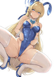 1girl animal_ears bare_shoulders blonde_hair blue_archive blue_eyes blue_leotard blush bow bowtie braid breasts cleavage clothes_pull detached_collar fake_animal_ears hakaba_(dairiseki) halo high_heels highleg highleg_leotard highres leotard long_hair looking_at_viewer medium_breasts playboy_bunny rabbit_ears solo spread_legs squatting sweat thighhighs toki_(blue_archive) toki_(bunny)_(blue_archive) wedgie white_thighhighs wrist_cuffs