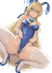 1girl animal_ears bare_shoulders blonde_hair blue_archive blue_eyes blue_leotard blush bow bowtie braid breasts cleavage clothes_pull detached_collar fake_animal_ears frontal_wedgie hakaba_(dairiseki) halo high_heels highleg highleg_leotard highres leotard long_hair looking_at_viewer medium_breasts playboy_bunny rabbit_ears solo spread_legs squatting sweat thighhighs toki_(blue_archive) toki_(bunny)_(blue_archive) wedgie white_thighhighs wrist_cuffs