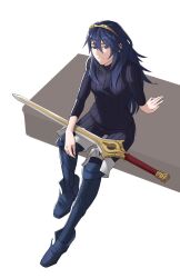 Rule 34 | 1girl, blue eyes, blue hair, boots, breasts, falchion (fire emblem), fire emblem, fire emblem awakening, from above, highres, long hair, long sleeves, looking at viewer, looking up, lucina (fire emblem), nintendo, pantyhose, pomelomelon, sitting, small breasts, smile, solo, sweater, sword, symbol-shaped pupils, thigh boots, tiara, very long hair, weapon, white background