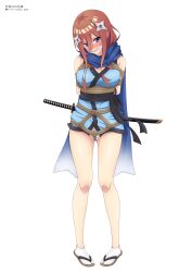 Rule 34 | 1girl, absurdres, arms behind back, bdsm, blue eyes, blush, bondage, bound, bound arms, bound wrists, breasts, brown hair, cleavage, cleave gag, cloth gag, commission, crotch rope, emily0103, gag, gagged, go-toubun no hanayome, hair between eyes, highres, improvised gag, katana, large breasts, legs, long hair, looking at viewer, medium breasts, nakano miku, ninja, restrained, rope, sandals, shibari, shibari over clothes, shuriken hair ornament, skeb commission, solo, sword, tabi, weapon, zouri
