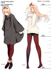 Rule 34 | 2girls, alternate costume, ankle boots, bad id, bad pixiv id, black footwear, black shorts, boots, cardigan, casual, character name, coat, contemporary, dual persona, fujiwara no mokou, fur-trimmed boots, fur trim, hair ribbon, hairband, height chart, houmatu awa, legs, long hair, long legs, long sleeves, looking at viewer, multiple girls, no shoes, open mouth, pantyhose, pantyhose under shorts, pink hair, red eyes, red hairband, red legwear, ribbon, short shorts, shorts, smile, sweater, teeth, touhou, typo, white background, white sweater, winter clothes