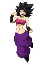 Rule 34 | 10s, 1girl, absurdres, bare shoulders, black eyes, black hair, breasts, caulifla, dragon ball, dragon ball super, female focus, from side, full body, harem pants, highres, kyelyn, large breasts, looking at viewer, midriff, navel, pants, simple background, smile, solo, spiked hair, strapless, tube top, white background, wristband