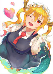 Rule 34 | 1girl, absurdres, blonde hair, breasts, brown footwear, colored tips, commentary request, dragon girl, dragon horns, dragon tail, dress, fang, frills, from above, gloves, green tail, hair between eyes, heart, highres, horns, kobayashi-san chi no maidragon, large breasts, long hair, looking up, maid, maid headdress, multicolored hair, necktie, one eye closed, open mouth, orange eyes, orr (kkkkbbbbc), pinafore dress, red necktie, short necktie, sleeveless dress, smile, solo, tail, tohru (maidragon), twintails, v, white gloves
