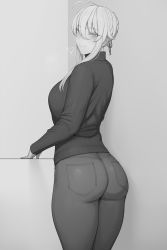 Rule 34 | 1girl, ahoge, artoria pendragon (fate), artoria pendragon (lancer) (fate), ass, blush, breasts, denim, fate/grand order, fate (series), greyscale, heart, highres, jeans, large breasts, long hair, looking at viewer, lvl (sentrythe2310), monochrome, pants, smile, solo, sweater, thighs, tight clothes, tight pants