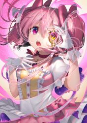 Rule 34 | 1girl, bow, bow choker, commentary request, dress, frills, gloves, gunjou row, hair bow, hands up, highres, holding, kaname madoka, looking at viewer, mahou shoujo madoka magica, mahou shoujo madoka magica (anime), medium hair, open mouth, pink bow, pink dress, pink eyes, pink gemstone, pink hair, short sleeves, solo, soul gem, transformation, two side up, ultimate madoka, upper body, white dress, white gloves