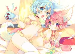 Rule 34 | 2girls, animal ears, animal hands, arm support, ass, bad id, bad twitter id, bare shoulders, bikini, black choker, blue eyes, blue hair, blush, bowl, braid, breasts, brother and sister, choker, cleavage, collarbone, commentary request, curtains, damaged, dog ears, dog girl, dog tail, fang, gloves, hair between eyes, heart, indoors, looking at viewer, looking to the side, multiple girls, navel, nekotorina, new year, on floor, open mouth, original, paw gloves, pet bowl, puffy short sleeves, puffy sleeves, red eyes, red hair, short sleeves, siblings, side-tie bikini bottom, small breasts, string, stuffed animal, stuffed rabbit, stuffed toy, sweat, swimsuit, tail, thighhighs, white legwear, yellow bikini