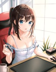 Rule 34 | 1girl, :d, absurdres, bad id, bad pixiv id, bare shoulders, blue eyes, blurry, box, breasts, brown hair, chair, cleavage, coffee, collarbone, commentary request, cup, depth of field, dress shirt, gaming chair, hair between eyes, highres, holding, holding mouse (computer), holding stylus, long hair, looking at viewer, medium breasts, mouse (computer), mug, off-shoulder shirt, off shoulder, open mouth, original, plant, ponytail, shirt, sidelocks, sitting, smile, solo, spaghetti strap, stylus, swivel chair, tablet pc, white shirt, window, zeroillya