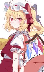 Rule 34 | 1girl, ascot, blonde hair, blush, bow, crystal, embodiment of scarlet devil, flandre scarlet, hat, hat ribbon, highres, looking at viewer, mob cap, puffy short sleeves, puffy sleeves, red eyes, ribbon, short hair, short sleeves, side ponytail, sketch, solo, touhou, usushio, wings