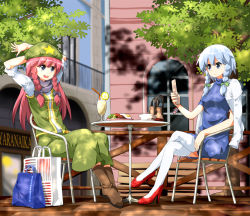 Rule 34 | 2girls, :d, arms behind head, bag, beret, blue eyes, blue hair, boots, braid, cellphone, cellphone charm, cellphone strap, chair, character charm, character doll, charm (object), crossed legs, embodiment of scarlet devil, female focus, food, hat, high heels, hong meiling, izayoi sakuya, jacket, jacket on shoulders, multiple girls, no headwear, open mouth, phone, red hair, remilia scarlet, ribbon, ruu (tksymkw), shoes, shopping bag, silver hair, sitting, smile, star (symbol), table, thighhighs, touhou, twin braids, white legwear, zettai ryouiki