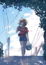 1girl absurdres ahoge alternate_costume arm_at_side bag belt blue_shorts blurry blurry_background casual closed_mouth commentary dappled_sunlight eating facing_viewer fate/grand_order fate_(series) food fruit fujimaru_ritsuka_(female) hair_between_eyes hair_ornament hair_scrunchie hidariyana highres holding holding_bag holding_food holding_popsicle house leaf looking_to_the_side medium_hair navel orange_eyes orange_hair outdoors plastic_bag popsicle power_lines red_shirt road scrunchie shade shirt short_sleeves shorts side_ponytail signature solo street summer sunlight t-shirt tree utility_pole walking watermelon white_belt yellow_scrunchie