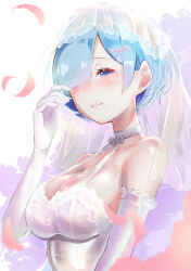 Rule 34 | 1girl, absurdres, alternate costume, bare shoulders, blue eyes, blue hair, breasts, bridal veil, cleavage, closed mouth, commentary request, dress, elbow gloves, falling petals, gloves, hair ornament, hair over one eye, half-closed eyes, halterneck, highres, large breasts, looking at viewer, mochi-jun, petals, re:zero kara hajimeru isekai seikatsu, rem (re:zero), short hair, simple background, smile, solo, upper body, veil, wedding dress, white dress, white gloves, x hair ornament