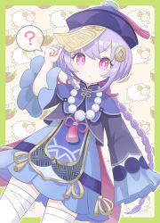 Rule 34 | 1girl, ?, asymmetrical legwear, bandages, bandaged leg, bandages, bead necklace, beads, bell sleeves, border, braid, braided ponytail, bright pupils, chinese clothes, coconut, commentary request, edzf, expressionless, genshin impact, hair ornament, hat, highres, jewelry, jiangshi, long braid, necklace, ofuda, patterned background, pink eyes, purple hair, qingdai guanmao, qiqi (genshin impact), sheep, sidelocks, solo, spoken question mark, uneven legwear, upper body, white pupils, wide sleeves