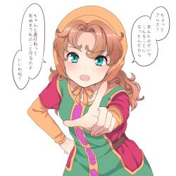 Rule 34 | 1girl, blue eyes, blush, brown hair, collarbone, dragon quest, dragon quest vii, dress, fujimura hinami, hair between eyes, hair intakes, hand on own hip, highres, hood, index finger raised, long hair, long sleeves, looking at viewer, maribel (dq7), open mouth, simple background, solo, speech bubble, translation request, tsundere, wavy hair, white background