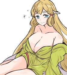 1girl alternate_costume bare_shoulders blonde_hair blue_eyes breasts cleavage closed_mouth collarbone commentary english_commentary fire_emblem fire_emblem_heroes green_sweater large_breasts long_hair long_sleeves looking_at_viewer nintendo off_shoulder smile solo star-shaped_pupils star_(symbol) sweater symbol-shaped_pupils tavi_(hosheezus) very_long_hair white_background ymir_(fire_emblem_heroes)