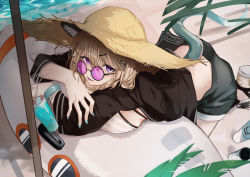 Rule 34 | 1girl, :d, absurdres, animal ear fluff, animal ears, aqua nails, arknights, beach, bikini, black shawl, blue sky, bracelet, breasts, cleavage, cloud, collarbone, commentary request, crazy straw, cup, day, drinking glass, drinking straw, grey bikini, grey shorts, hat, heart straw, highres, jewelry, large breasts, looking at viewer, looking over eyewear, looking over glasses, looking to the side, lying, midu5, nail polish, official alternate costume, on stomach, open mouth, outdoors, pink-tinted eyewear, pink-tinted glasses, platinum blonde hair, purple-tinted eyewear, purple-tinted glasses, purple eyes, shawl, short hair, shorts, sky, smile, solo, striped bikini, striped clothes, sun hat, sunglasses, swimsuit, swimsuit cover-up, tail, tinted eyewear, tree, utage (arknights), utage (summer flowers) (arknights), vertical-striped bikini, vertical-striped clothes