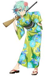 Rule 34 | 1girl, aqua eyes, aqua hair, carrying over shoulder, feet, flower, full body, gun, hair flower, hair ornament, hair ribbon, hand on own hip, holding, holding gun, holding weapon, japanese clothes, kimono, leaning forward, long sleeves, looking at viewer, non-web source, obi, official art, one eye closed, ribbon, rifle, sandals, sash, short hair, simple background, sinon, smile, solo, striped clothes, striped kimono, sword art online, toes, vertical stripes, weapon, white background, wink, yukata