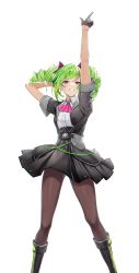 Rule 34 | 1girl, absurdres, arm behind head, arm up, ascot, black footwear, black gloves, black jacket, black skirt, blush, boots, brown pantyhose, collared shirt, delutaya, drill hair, earrings, feet out of frame, gloves, green hair, grin, half gloves, hatsuno xxx, highres, indie virtual youtuber, jacket, jewelry, looking at viewer, medium hair, multicolored hair, pantyhose, pink ascot, red eyes, shirt, shirt tucked in, simple background, skirt, sleeves rolled up, smile, solo, streaked hair, twin drills, virtual youtuber, white background, white shirt