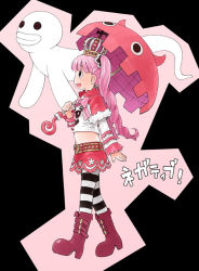 Rule 34 | 1girl, barasui, black &amp; white, black stripes, boots, capelet, crown, devil fruit, drill hair, female focus, flat chest, ghost, hat, horo horo no mi, jolly roger, long hair, midriff, navel, one piece, pantyhose, patterned legwear, perona, pink hair, pink theme, red footwear, red skirt, shoes, short cape, skirt, solo, striped clothes, striped pantyhose, thriller bark, twintails, two-tone stripes, umbrella, walking, white stripes