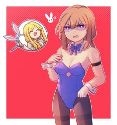 Rule 34 | 2girls, :d, ?, ^ ^, animal ears, annoyed, armband, bare shoulders, black pantyhose, blonde hair, blue bow, blue bowtie, blue leotard, bow, bowtie, breasts, brown hair, closed eyes, commentary, cowboy shot, detached collar, english commentary, fake animal ears, hair between eyes, holding hairband, leotard, long hair, looking away, medium breasts, multiple girls, open mouth, original, outline, pantyhose, purple eyes, rabbit ears, rectangular pupils, red background, shaded face, shoulder tattoo, simple background, smile, solo focus, speckticuls, tattoo, thighband pantyhose, v-shaped eyebrows, white outline, wrist cuffs