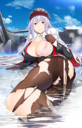 Rule 34 | 1girl, ass, azur lane, black gloves, black pantyhose, bra, breasts, cleavage cutout, closed mouth, clothing cutout, cross, day, gloves, graf zeppelin (azur lane), hat, highres, homu (seven deadly sins), huge breasts, iron cross, jacket, lace, lace-trimmed bra, lace trim, long hair, looking at viewer, lying, military, military jacket, military uniform, miniskirt, nipples, on side, outdoors, panties, pantyhose, partially submerged, peaked cap, pink bra, purple eyes, pussy, silver hair, skirt, sky, solo, torn bra, torn clothes, torn panties, torn pantyhose, underwear, uniform, very long hair, water, wavy mouth, white panties